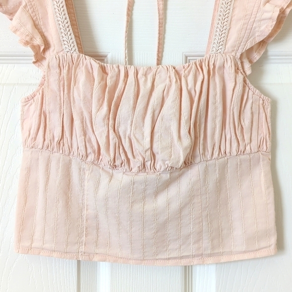 MINKPINK Kelsy Ruched & Textured Flutter Sleeve Square Neck Cropped Top Pink XS - Picture 6 of 11